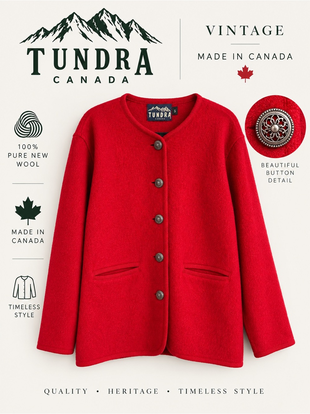 Vintage Tundra Canada Red 100% Wool Boiled Wool Cardigan Jacket S